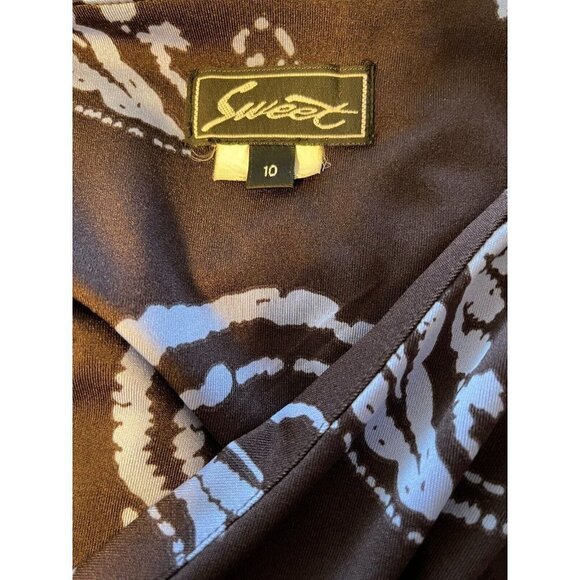 Sweet 10 Brown-Blue Print V-Neck Twisted Waist Cap Sleeve Below Knee Dress - Picture 5 of 5